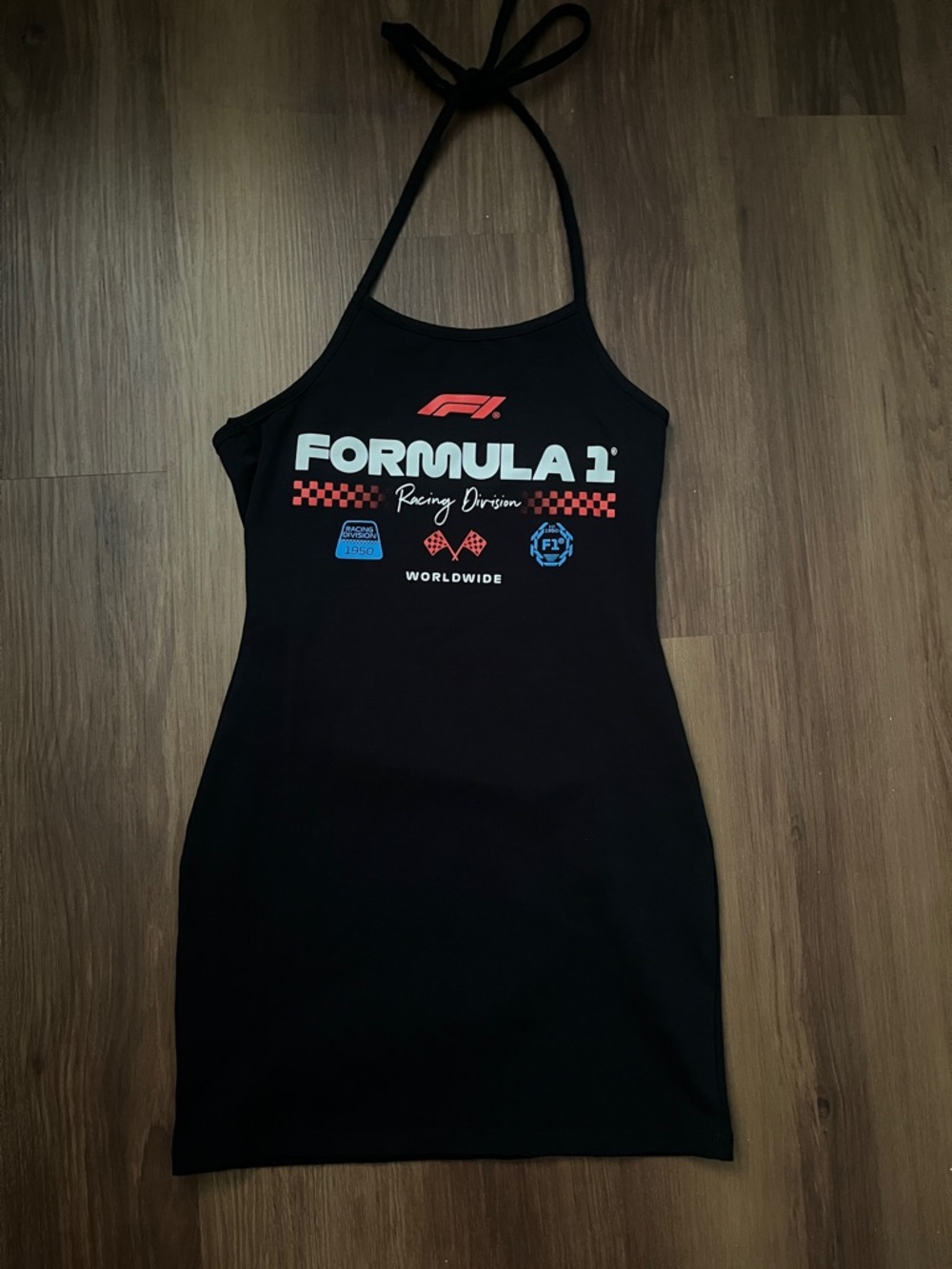 Hybrid Apparel Black Formula 1 Racing Halter Dress with Red & White Graphics